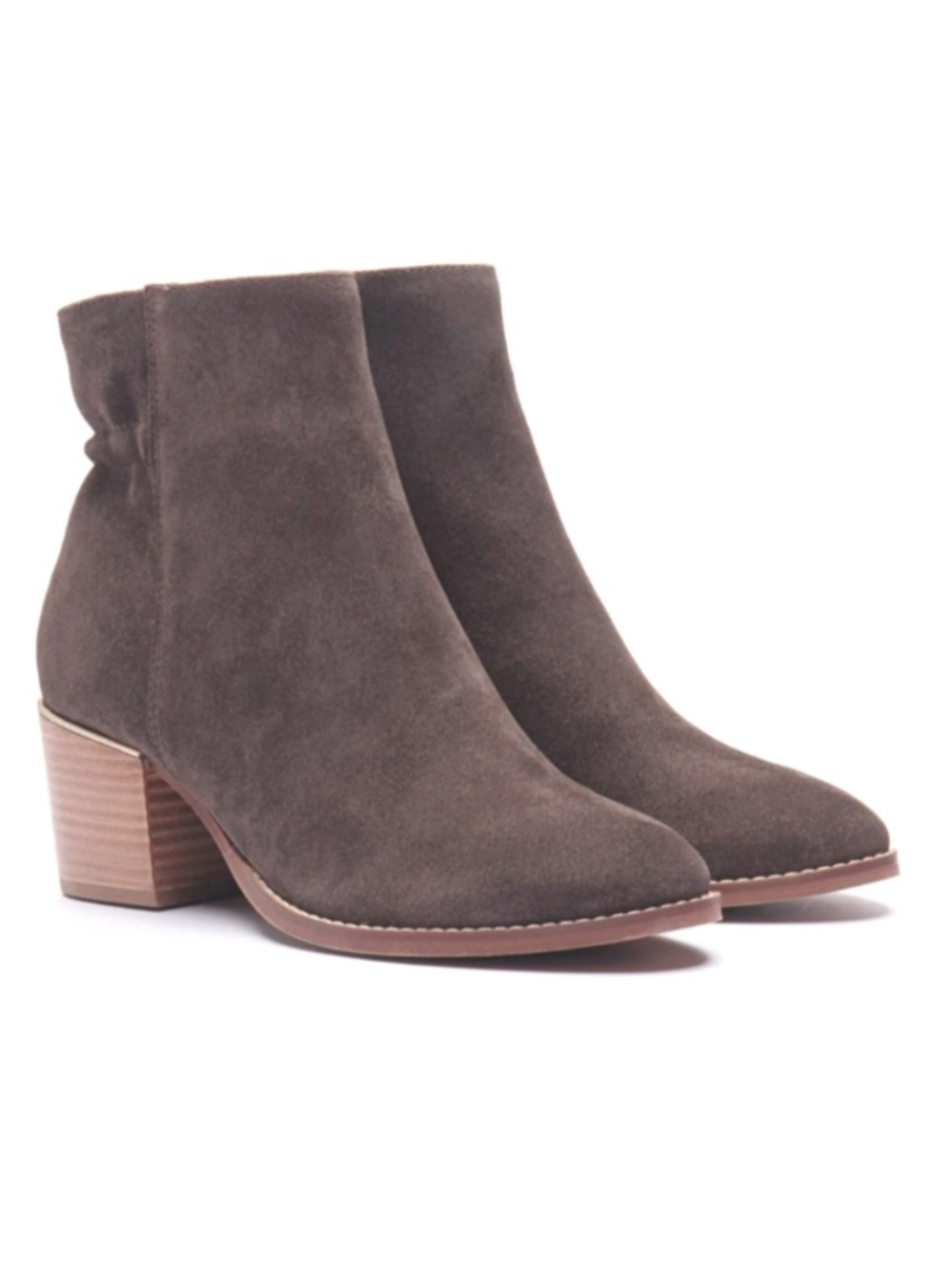 Crevo Alannah Charcoal Suede Stack Heel Side Zip Ankle Boots w/ Gold Detail.